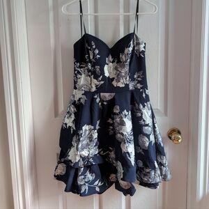B Darlin Navy and Silver Floral Dress